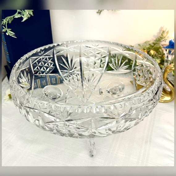 12" American Brilliant Cut Crystal Bowl / Crystal Bowl with Scroll Feet / Vintage Hobstar Cut Centerpiece Vase / American Cut Glass Bowl