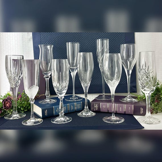 Champagne Glass Set / Cut & Frosted Glass Champagne Glasses / Champagne Toasting Flutes / Vintage Mixed Champagne Glasses / Champagne Flutes