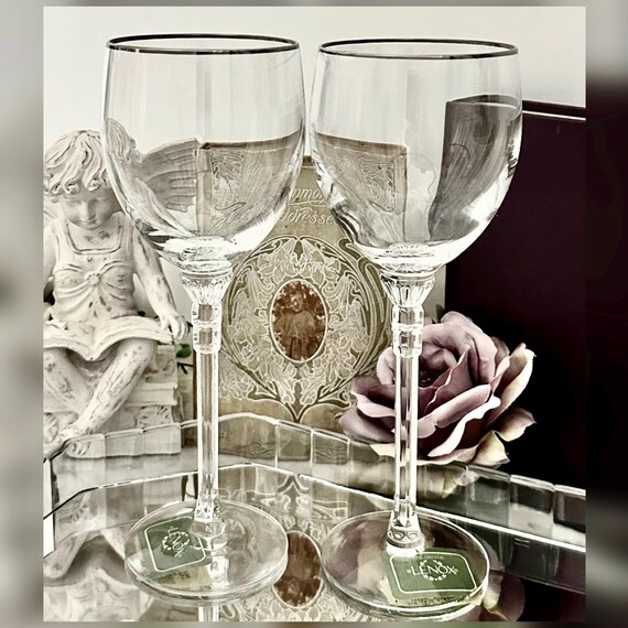 Lenox Phoenix Platinum Water Goblets Pair Silver Rim Stemware