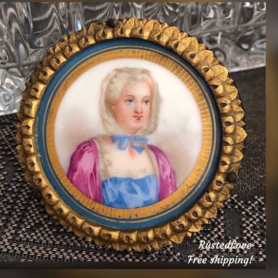 Antique French Portrait Porcelain / Gilt Framed / Hand Painted Plaque / 19th Century / Collector Plate / Antique Porcelain Portrait  #3 of 3