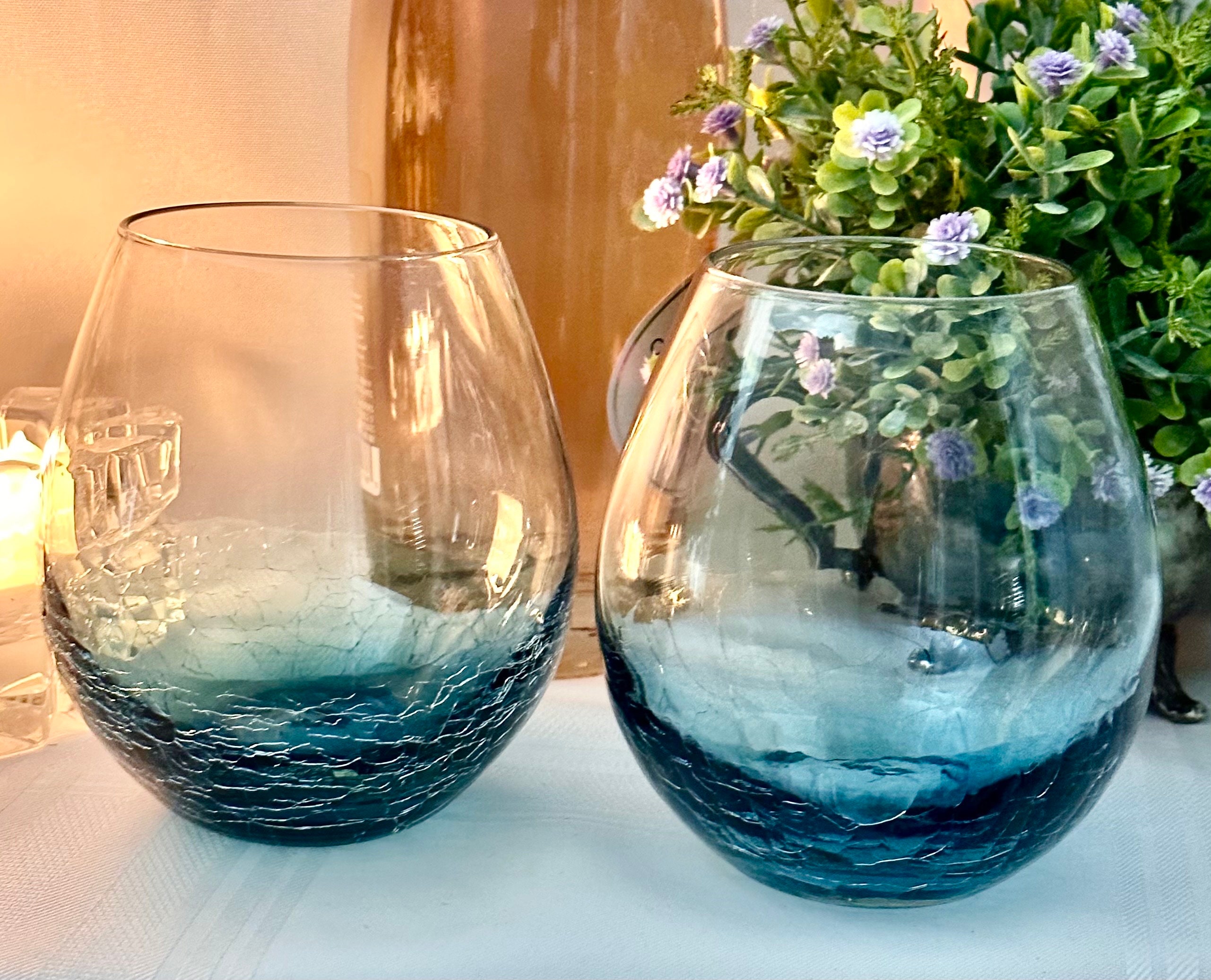 Pier 1 Crackle Stemless Wine Glasses / Pier 1 Teal Colored Wine Glass /  Vintage Pier 1 Crackle Barware / 16 OZ Teal Stemless Wine Glasses 