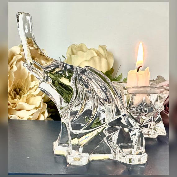 Vintage Crystal Elephant Figurine Trunks Up Italian Glass Animal Collectible