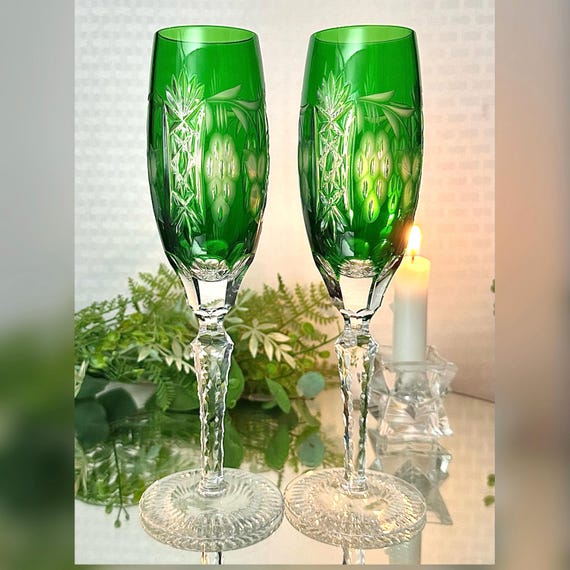 Ajka Marsala Green Champagne Glasses / Green Cut to Clear Toasting Ajka Champagne Flutes / Vintage Ajka Marsala Champagne Flutes