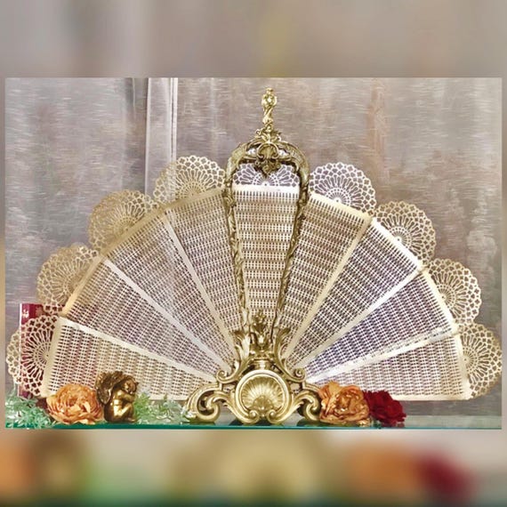Antique English Brass Peacock Fan Fireplace Screen Victorian Nautical Hearth Decor