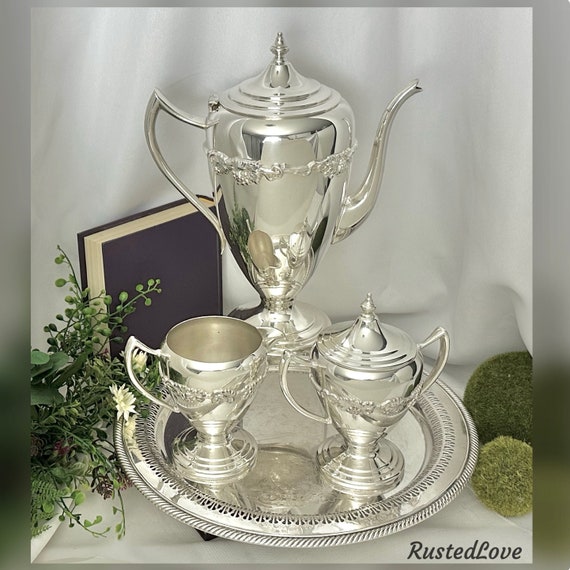 Silver Plated Tea Set with Tray / Lifetime Brands Coffee Pot Set / Silver Plated Tea Set / Silver plated Serving Tray / Lifetime Brands