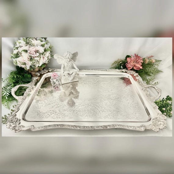 Vintage Silverplate Butlers Tray Silver Plate Ornate Bar Cart Serving