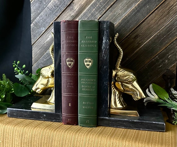 Brass Antelope Gazelle Bookends Black Marble Art Deco Hollywood