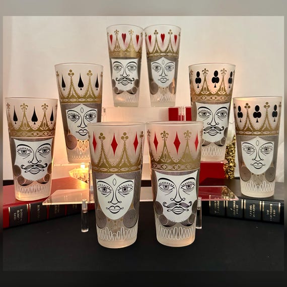 Libbey Playing Card Frosted Tumblers 8 Highball Glasses Full Set - Rare