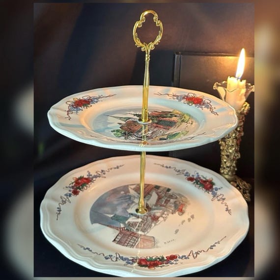 Obernai Sarreguemines Tiered Serving Tray Hordeves Cupcake Handled 2 Tier Tray