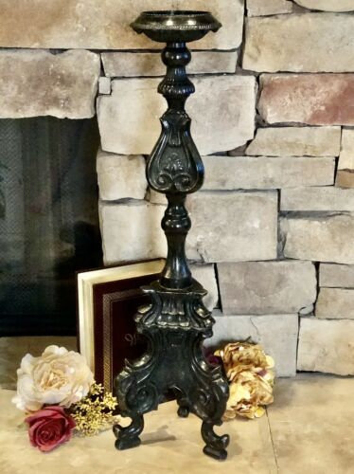 Floor Candle Holder Solid Brass Black Antiqued LG Heavy Hearth Etsy