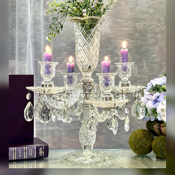 Vintage Candelabra Epergne / Candelabra with Hanging Crystals / Vintage Duncan Miller Centerpiece Candle Holder / Epergne Candle Holder