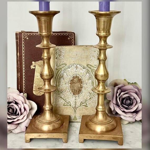 Vintage Brass Candlesticks Pair Rose Gold Tone English Candle Holders