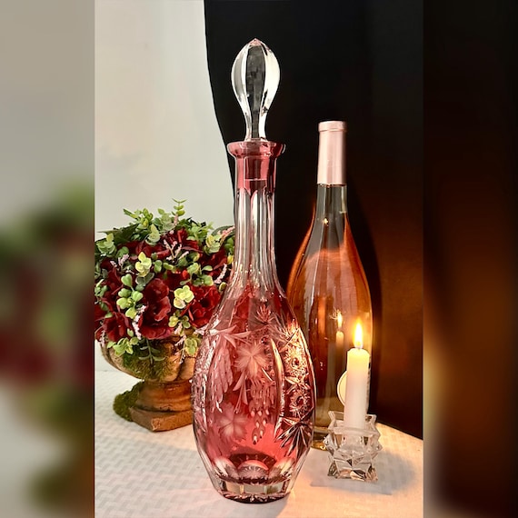 Nachtmann Traube Ruby Red Decanter - Vintage Cut to Clear Crystal Wine Liquor Decanter - Bohemian Barware Decor - Elegant Red Liquor Bottle