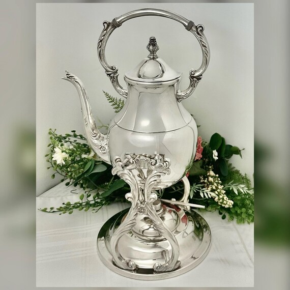 Antique Style Rogers Tilting Tea Pot with Stand & Burner, Silver Plate Tea Server, Victorian Entertaining Coffee Pot on Holder
