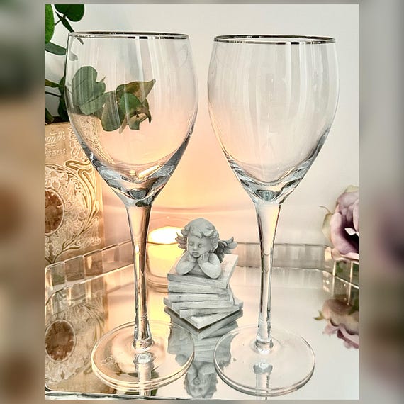 Mikasa Cameo Platinum Rim Water Goblets Crystal Glasses Set of 2