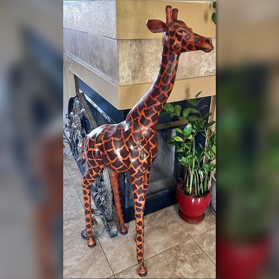 Giraffe Paper Mache with Leather / Hand Painted Vintage Floor Standing Giraffe / Floor Standing Paper Mache Giraffee / Vintage Giraffee