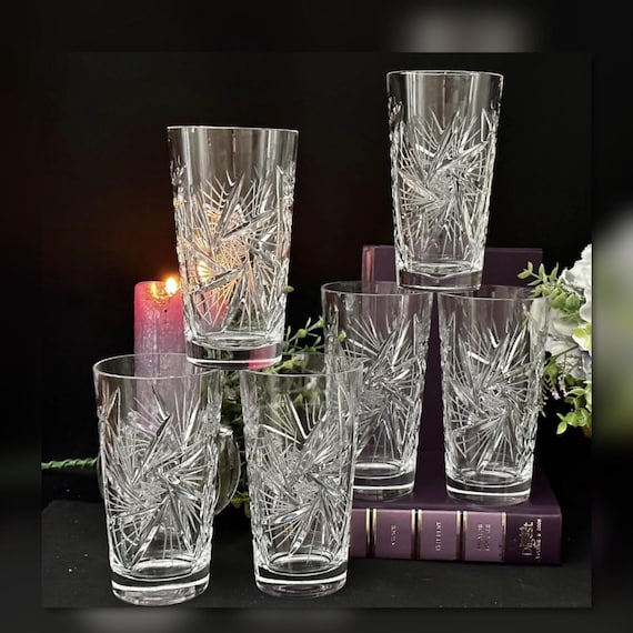 Bohemian Styled Highball Glasses / Clear Blown Crystal Glassware / Vintage Crystal Highball Glasses / Bohemian Crystal Highball Glasses - 6