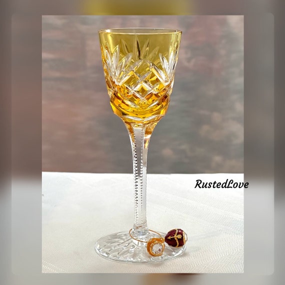 Faberge Yellow Cordial Na Zdorovye / Faberge Blown Cut to Clear Cordials /  2 Faberge Egg Wine Charms / Na Zdorovye Faberge Cordial Glass -1