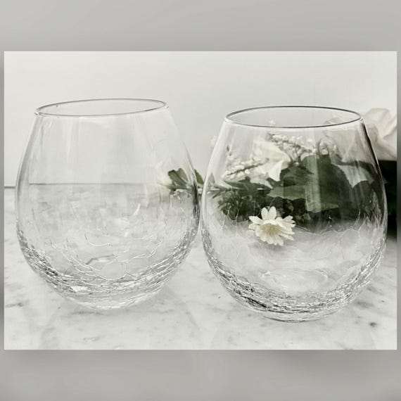 Vintage Pier 1 Crackle Glass Stemless Wine Glass Pair