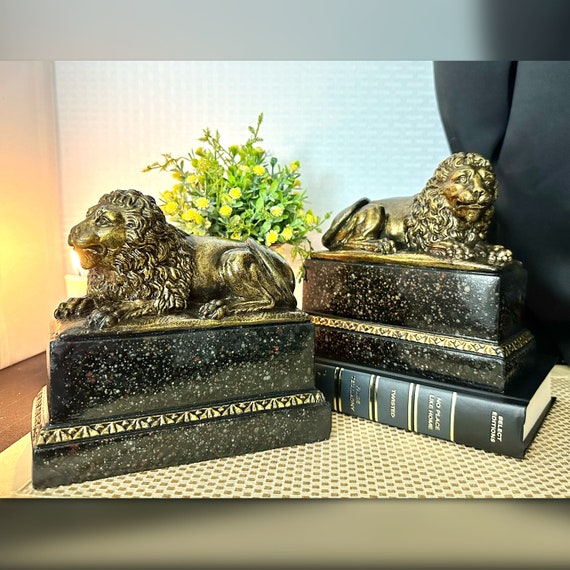 Vintage Borghese Gilded Gold Lion Book Ends / Vintage Borghese 1970's Majestic Lion Statues / Lion Bookends / Borghese Lion Book Ends / READ
