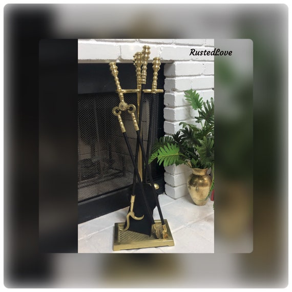 Vintage Brass Fireplace Tool Companion Set Heavy Solid Brass Etsy