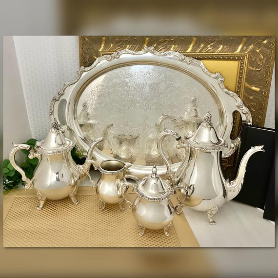 Wallace La Raine Tea Set / Wallace Silver Plated Tea & Coffee Service Set / La Raine Silver Plated Tea Set / Tea Set with Serving Tray