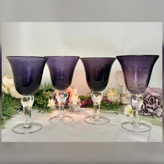 Artland Iris Purple Bubble Glass Goblets Set of 4 Hand blown Water Glass