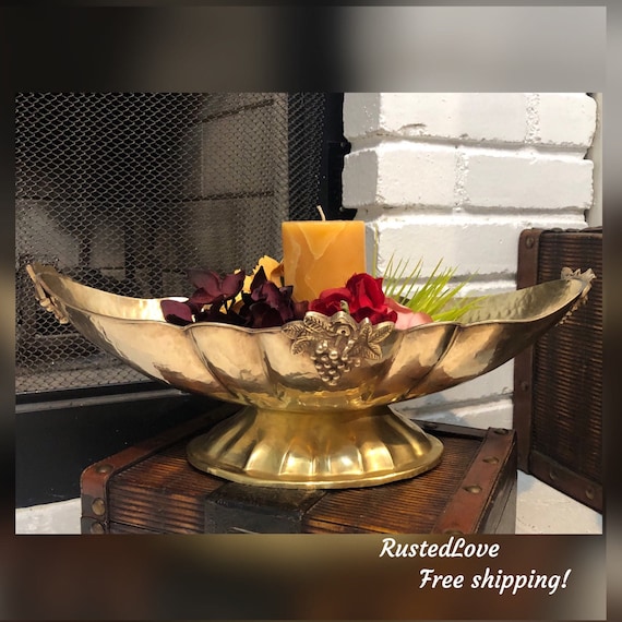 Vintage Brass Floral Centerpiece Bowl / Polished Flower Holder / Gold Victorian Vase / Elegant Long Brass Planter / Elegant Pedestal Bowl