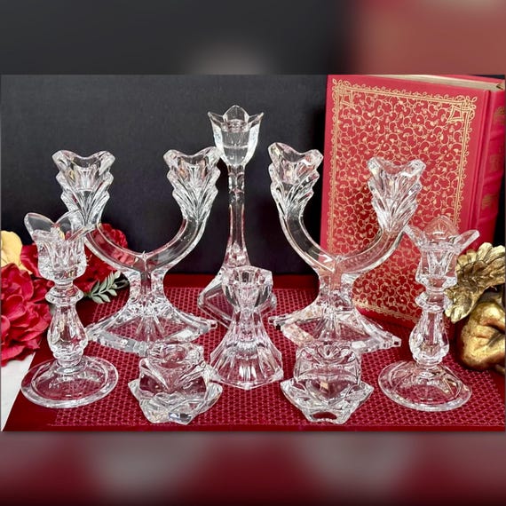 Vintage Crystal Candle Holders / Crystal Candlesticks / Wedding Centerpiece Mixed Candles / Crystal Pillar Candle / Crystal Tabletop Candle