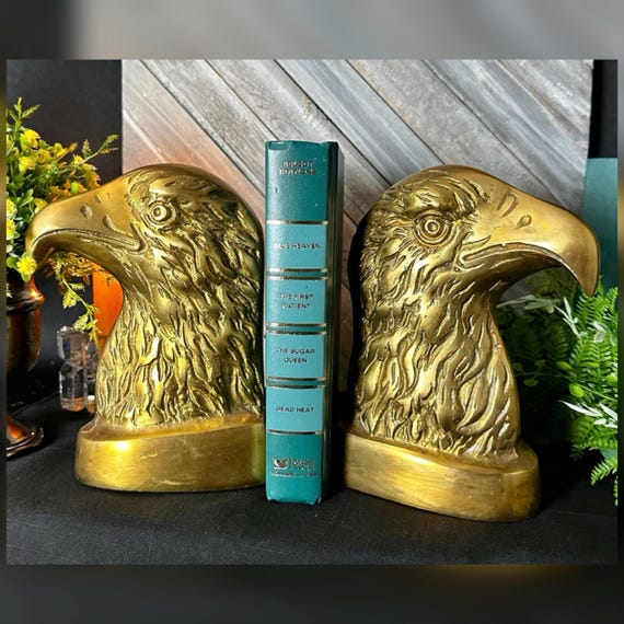 Vintage Solid Brass Eagle Heads Pair Federal Style Bookends Paperweights