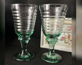 Libbey Sirrus Green Water Glasses / Libbey Spanish Green Goblets / Libbey Spool Stem Glassware / Vintage Libbey Sirrus Water Glasses - 2