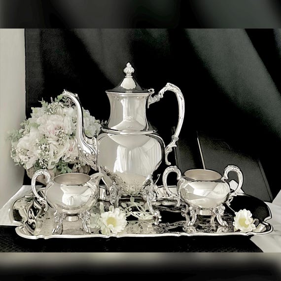 Vintage Tea Set Silver Plated / Vintage Sheridan Coffee Pot, Sugar Bowl, Creamer with Tray / Vintage Silverplated Coffee Service Set