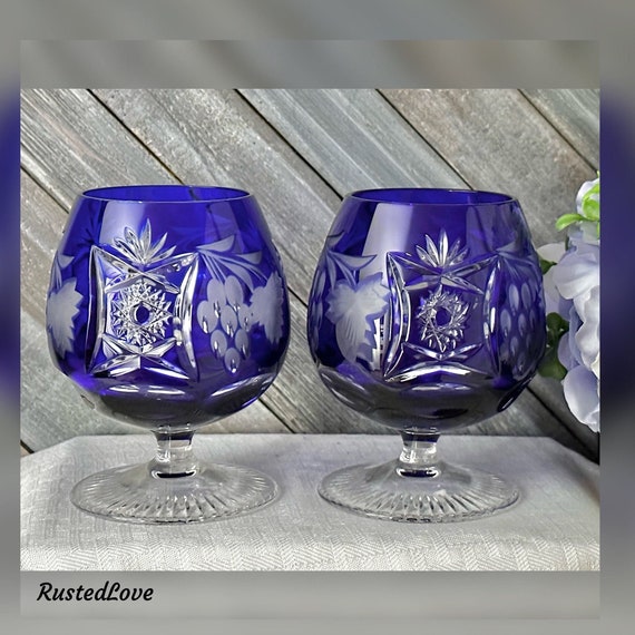 Nachtmann Traube Cobalt Brandy Glasses / Traube Cobalt Blue Crystal Brandy / Blue Cognac Cut to Clear Glasses / Nachtmann German Glasses - 2