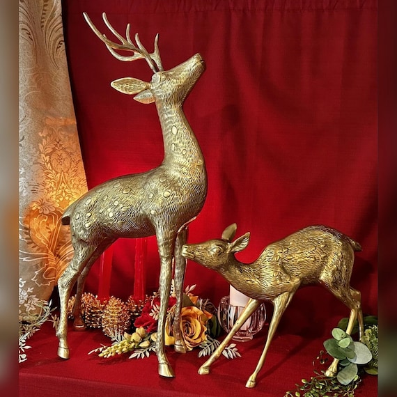 Brass Deer Statue / Vintage Buck and Doe Christmas Figures / Holiday Rustic Cabin Brass Deer / Pair Christmas Brass Reindeer / Gold Deer