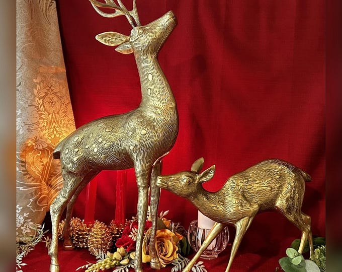 Vintage Solid Brass Deer Pair Buck Doe Figurines Large Brass Decor