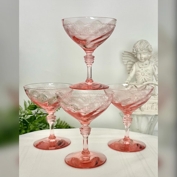 Pink Depression Champagne Coupes / Vintage Pink Champagne Coupes / Depression Knob Stemmed Pink Dessert Cups / Pink Transparent Champagne