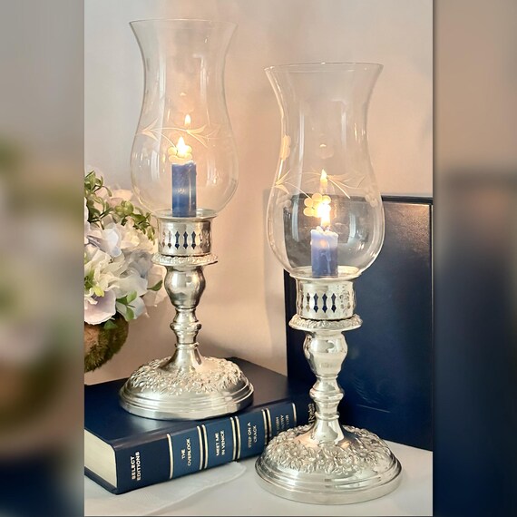 Sterling Kirk & Sons Full Repousse Chased Candle Holders / Kiirk and Sons Sterling Hurricanes with Glass Shades / Sterling Candle Holders