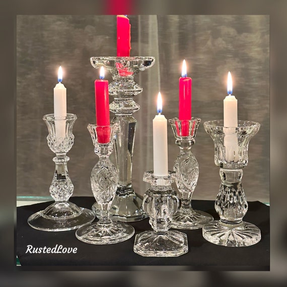 Crystal Candle Holders Set / 6 Glass Candlesticks Mixed Styles