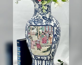 Large Oriental Blue White Vase Hand Painted Raised Figural Scene 16 Inch