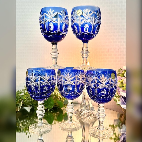 Blue Bohemian Wine Glasses / Pasabahce Kristal Wine Glasses / Bohemian Cut to Clear Glasses made in Turkey / Vintage Wine Glasses - Set of 5