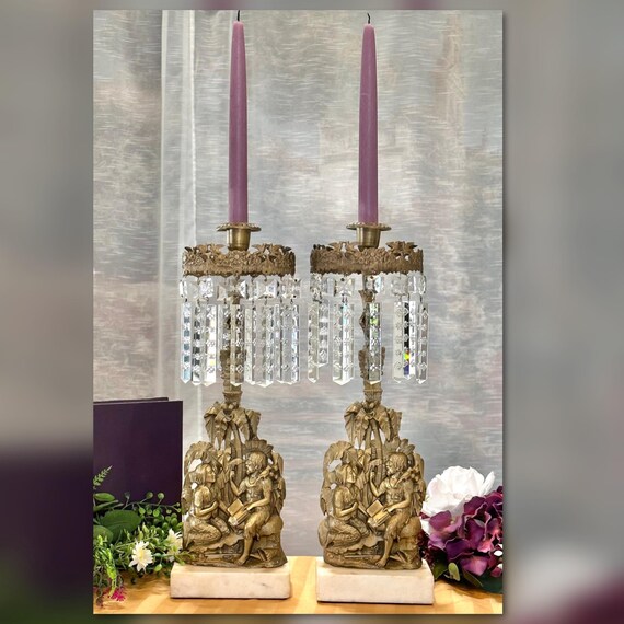 Antique Victorian Girandole Candlesticks / Antique Cornelius and Co Girandoles / Antique Mantle Lusters / Figural Victorian Candle Holders 2