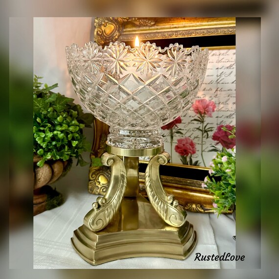 Vintage Centerpiece Vase / Brass and Glass Bowl on Stand / Decorative Large Candle Holder / Table Vase /  Decorative Glass Bowl on Stand
