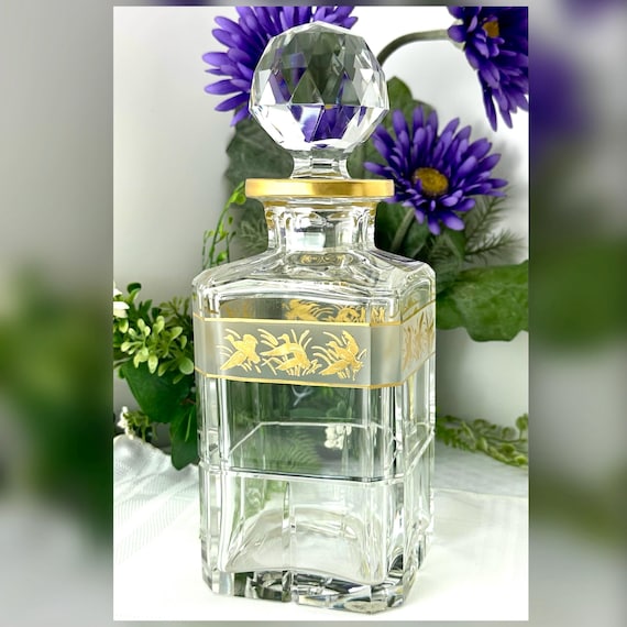 Val St Lambert Crystal Decanter / Val St Lambert Flying Gold Mallards Decanter / Decanter with Stopper - NOS Signed RARE Barware Piece