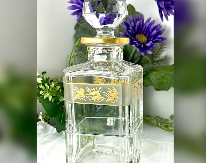 Rare Val St Lambert Crystal Decanter Gold Mallard Ducks Signed Vintage