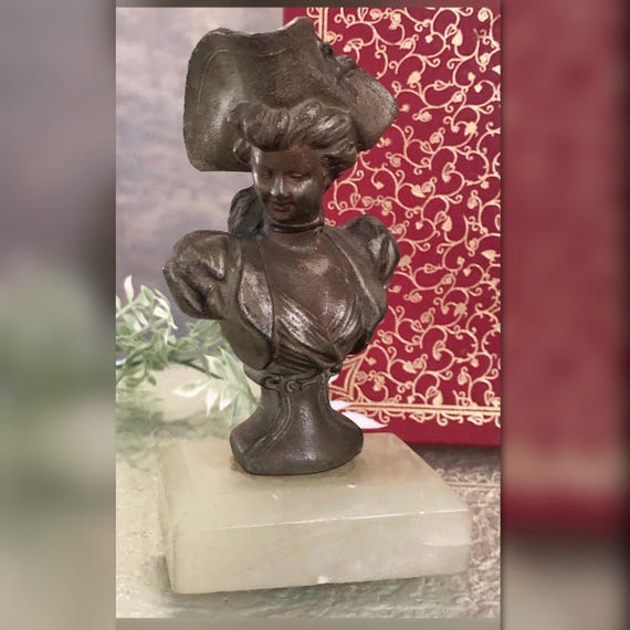 Antique Lady Spelter Bust on Stone Base Art Nouveau Victorian Sculpture
