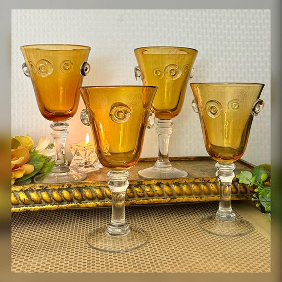 VIETRI Festival Amber Water Glasses / Vietri Glasses with Molded Circles / Amber Vietri Wine Goblets / Vintage Vietri Blown Amber Glasses 4