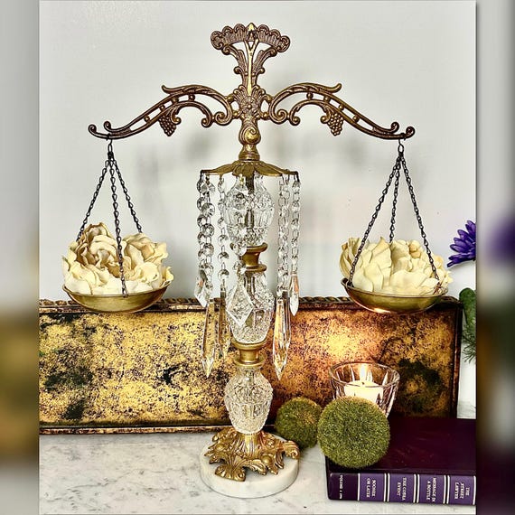 Vintage Baroque Decorative Scale Brass Tone Crystal Italian Marble Base