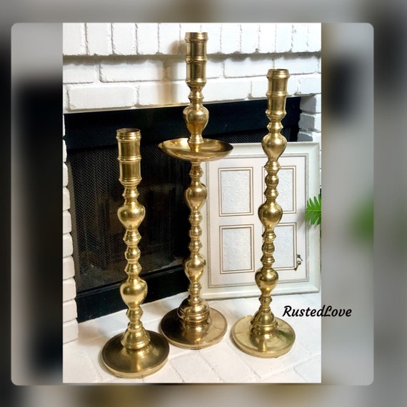 Brass Floor Candlesticks / Moroccan Large Candle Sticks / Vintage Altar Candle  Holders / Pillar Candleholders / Wedding Decor / Boho Style 