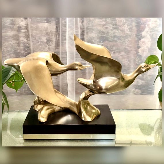 Large Brass Flying Ducks Sculpture Vintage Bird Statue Coastal Decor