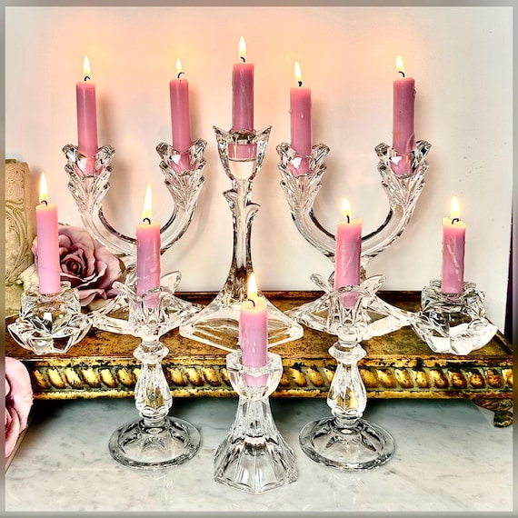 Vintage Crystal Candlesticks Set of 8, Mixed Glass Taper Candle Holders, Wedding Centerpiece